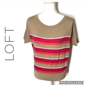 Loft Tan Striped Short Sleeve Sweater Medium